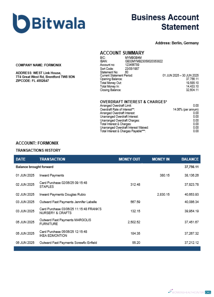 Download United Kingdom Bitwala firm account statement Word and PDF template Photoshop template